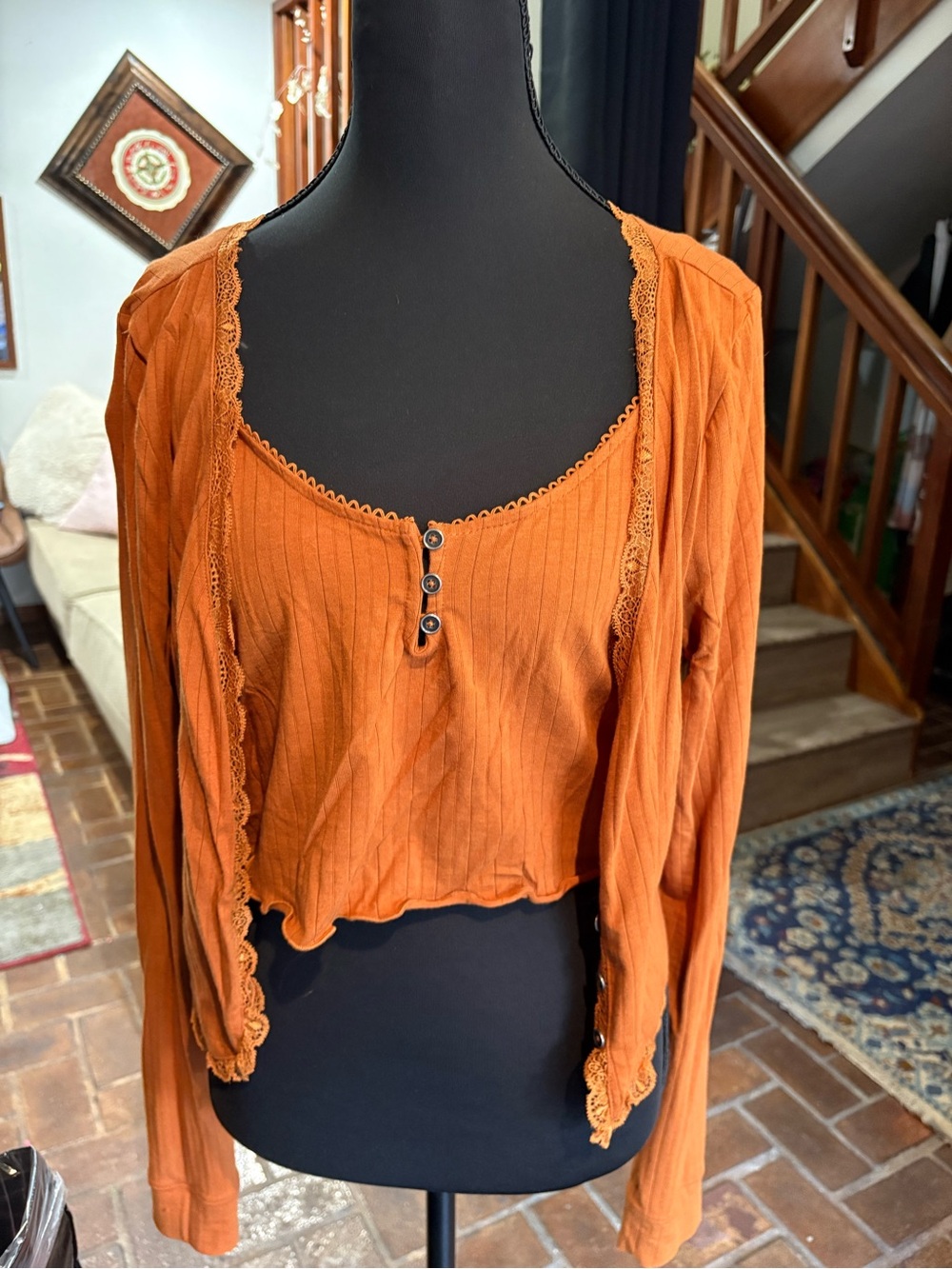 Urban Outfitters Women's Burnt Orange Ribbed Lace-Trim Tank & Cardigan Set